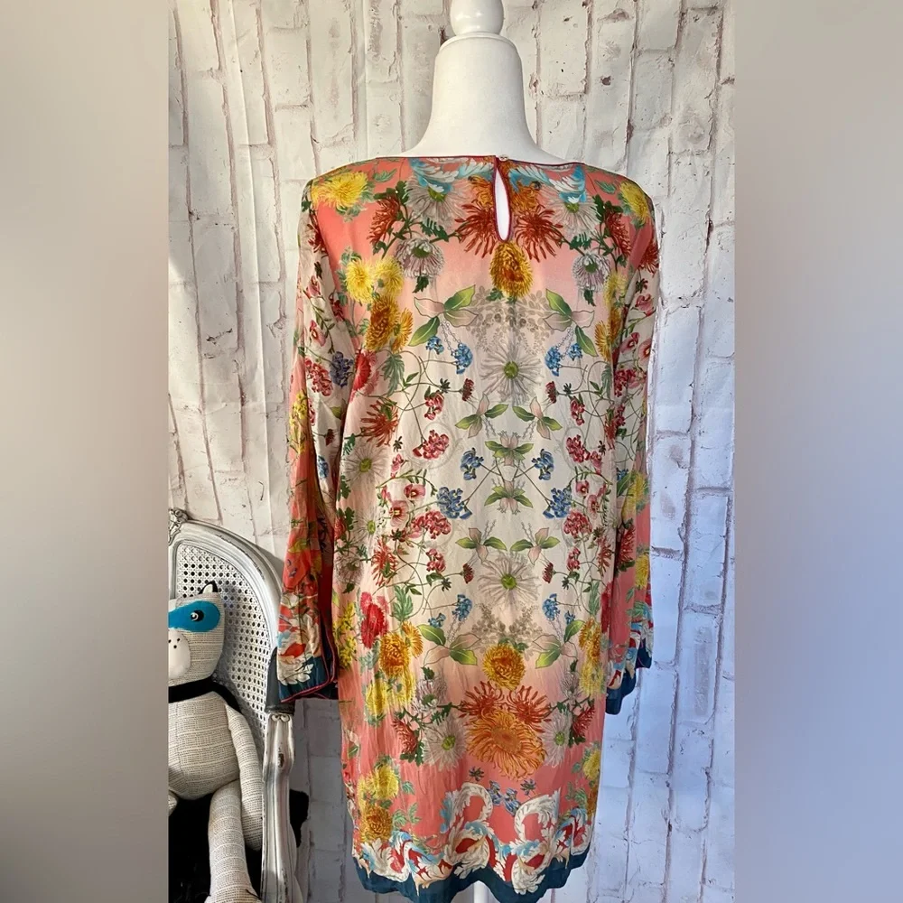 Johnny Was Coral Floral Silk Tunic with Teal & Cream Accents - Picture 4 of 16